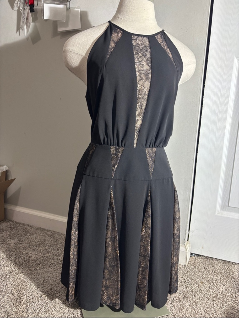 BCBGMaxAzria Black Mini Dress with Lace Panels